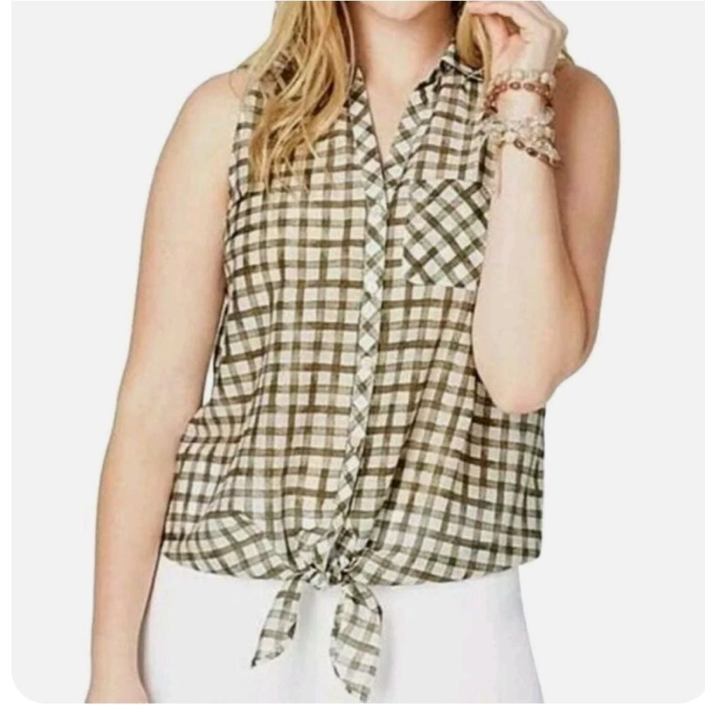 J. Jill Button Tie Front Blouse Silk Cotton Sleeveless Windowpane Plaid Green MP